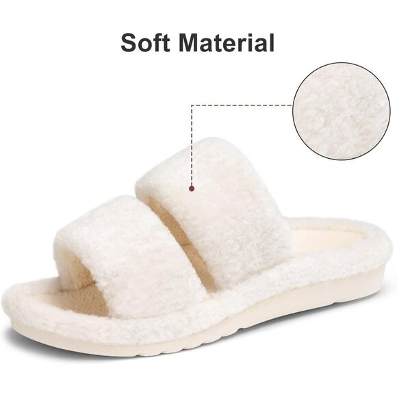 Women's White Fuzzy House Slippers with Moderate Arch Support Open Toe Cozy - Picture 5 of 6